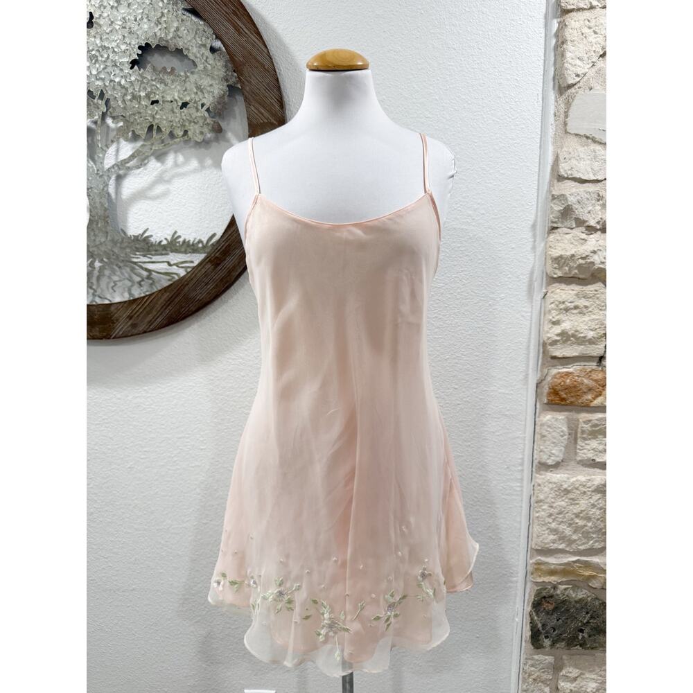 Vintage Josie Chemise Nightgown Peach Satin Sheer Floral Embroidered Medium